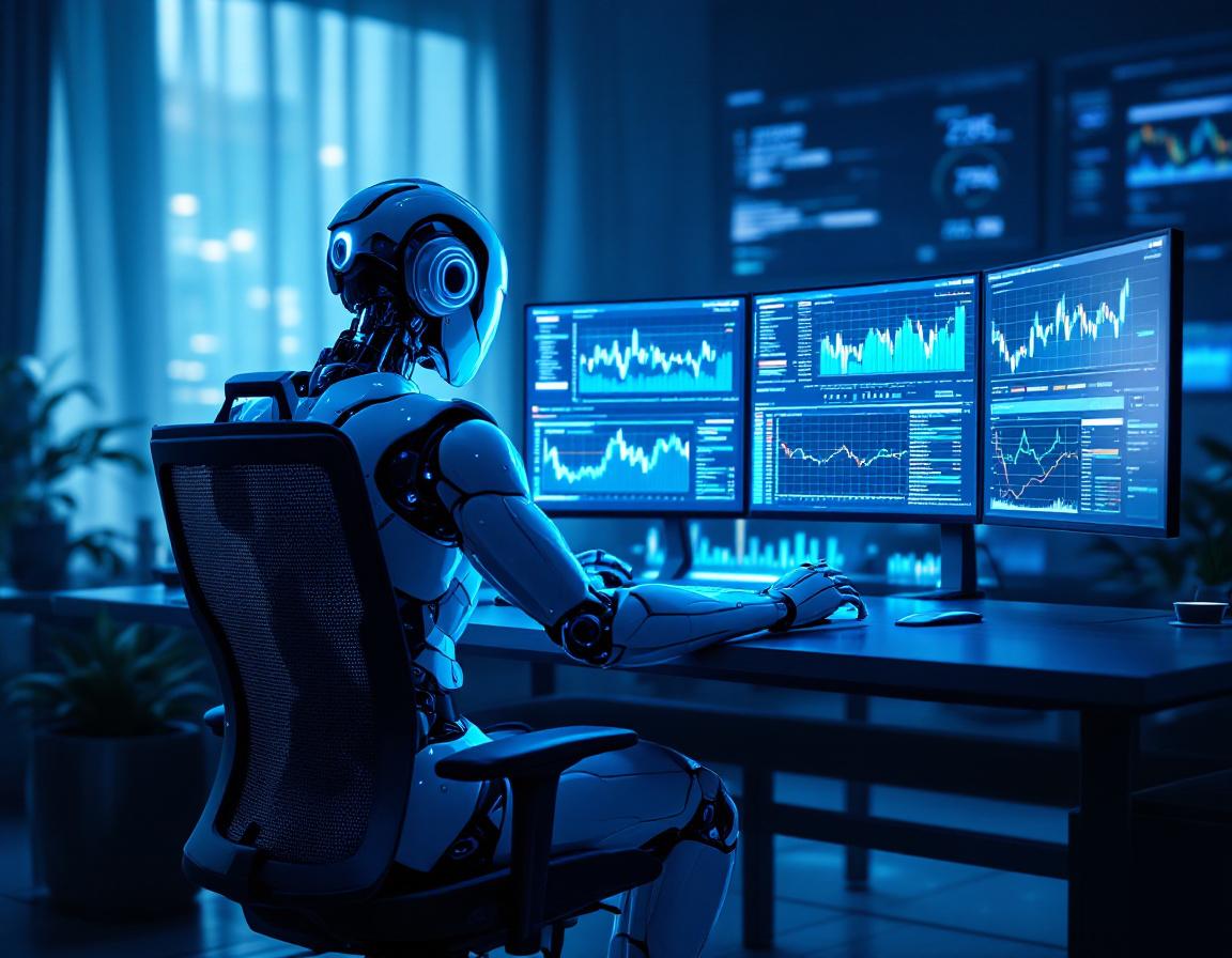 A hyper-realistic AI trading bot analyzes data at a high-tech workstation with multiple screens.