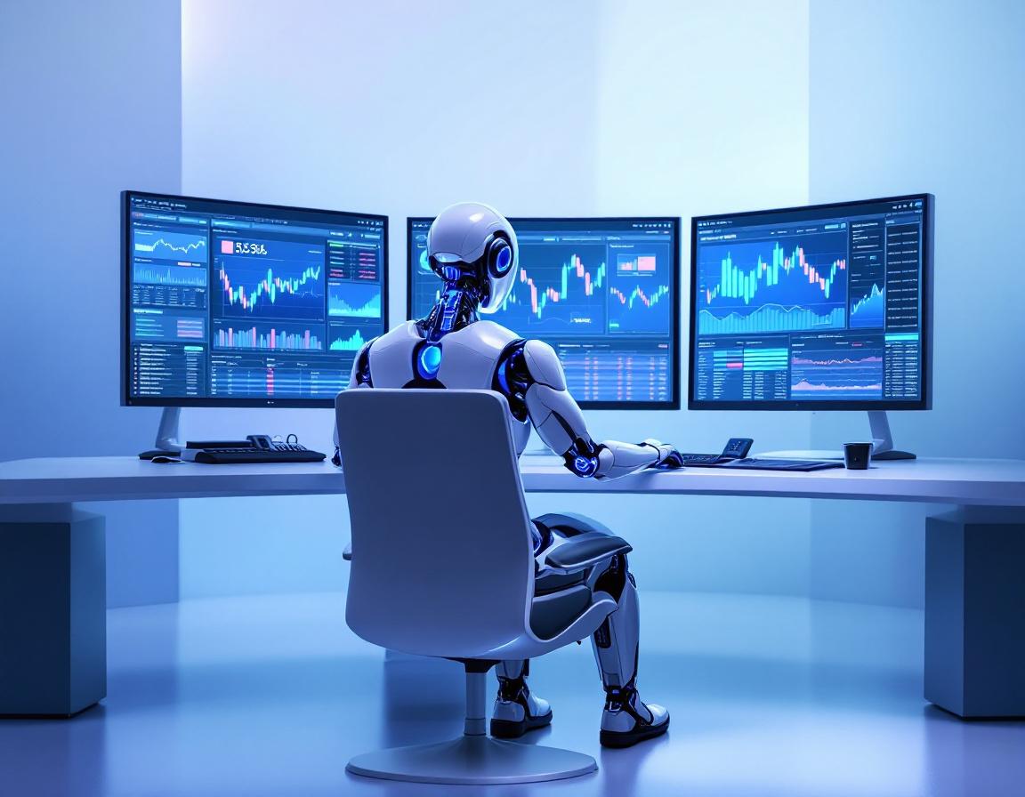 A humanoid AI trading bot at a high-tech workstation analyzes market data across multiple screens.