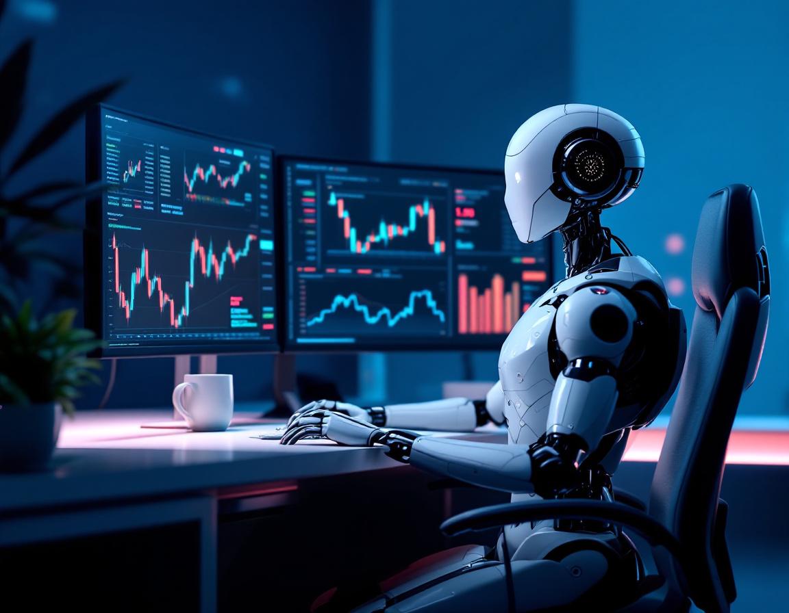 A hyper-realistic AI trading bot seated at a workstation reviewing market data on multiple screens.