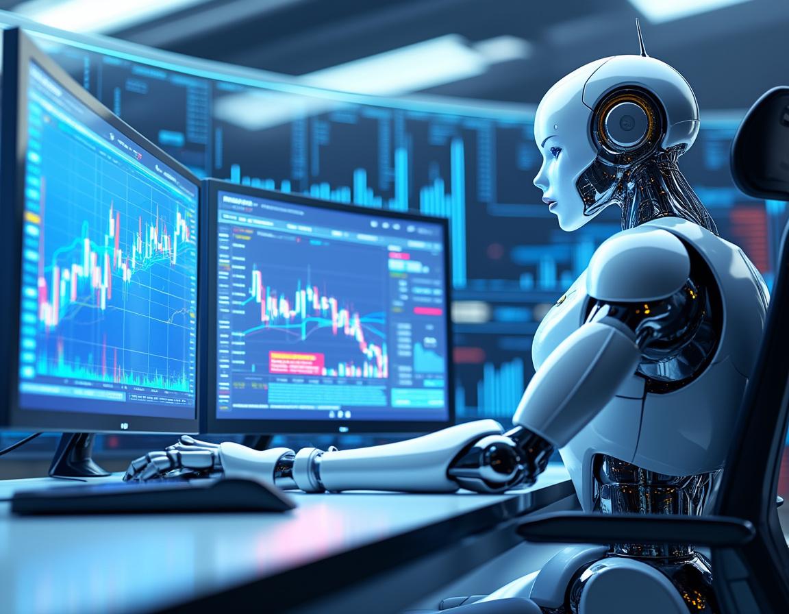 A sleek AI trading bot analyzes market data at a high-tech workstation with vibrant screens.