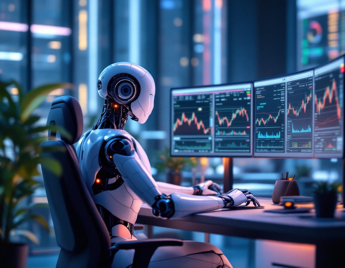 A 3D realistic AI trading bot at a workstation analyzing stock and crypto data on multiple screens.