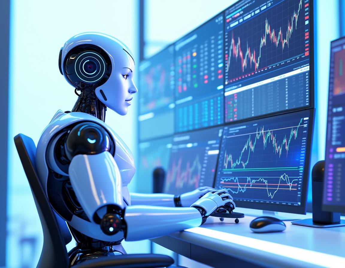 A hyper-realistic AI trading bot at a workstation, analyzing market data on multiple screens.