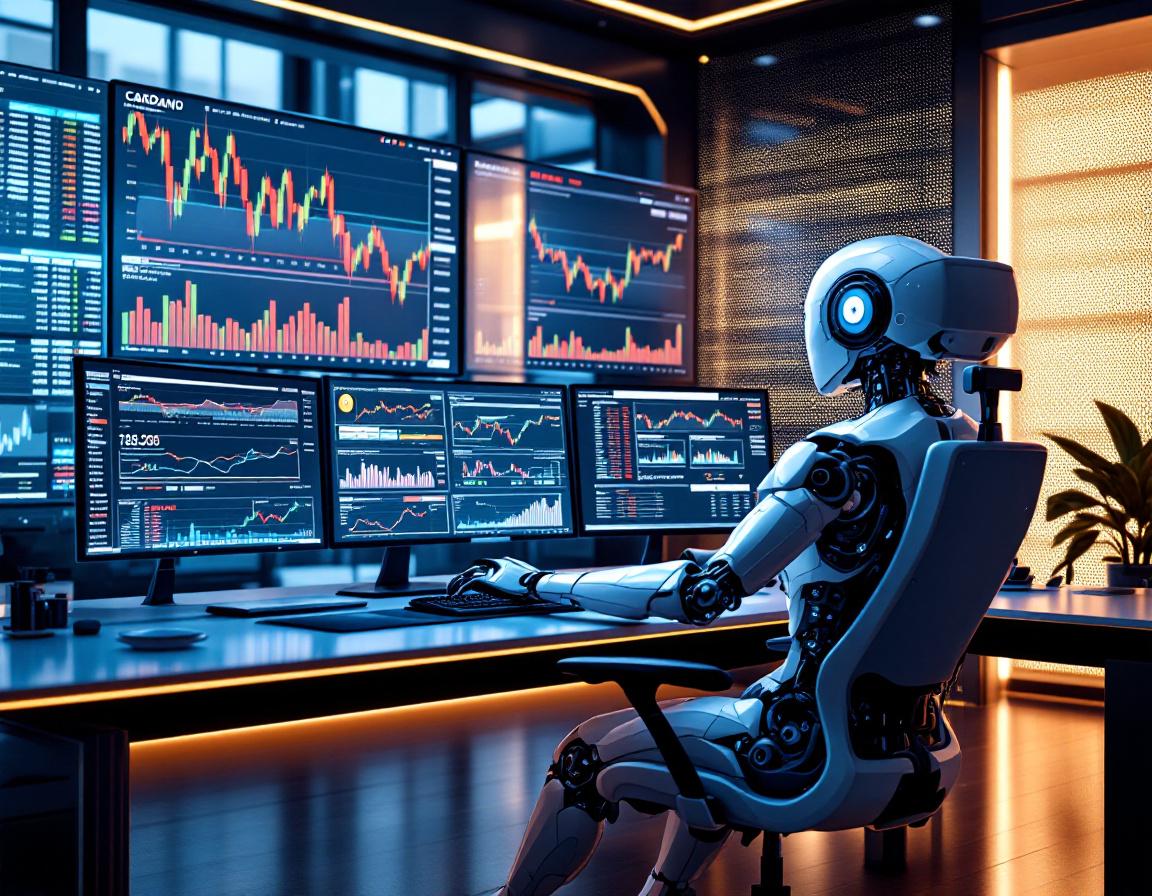 A humanoid AI trading bot analyzes market data at a futuristic workstation with multiple screens.