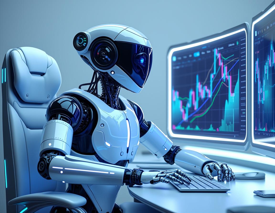 A humanoid AI trading bot analyzes data on multiple screens in a high-tech, futuristic workspace.