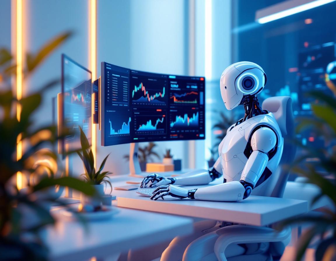 A hyper-realistic AI trading bot at a sleek workstation, analyzing market data on multiple screens.