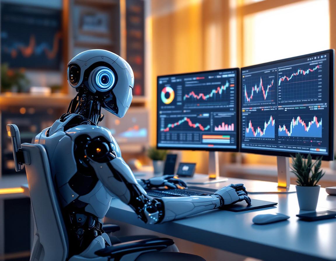 A hyper-realistic AI trading bot analyzes market data at a futuristic workstation with screens.