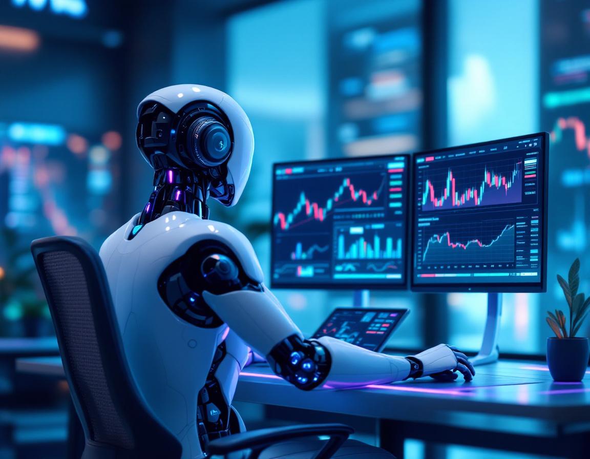 A futuristic AI trading bot at a high-tech workstation, analyzing market data and executing trades.