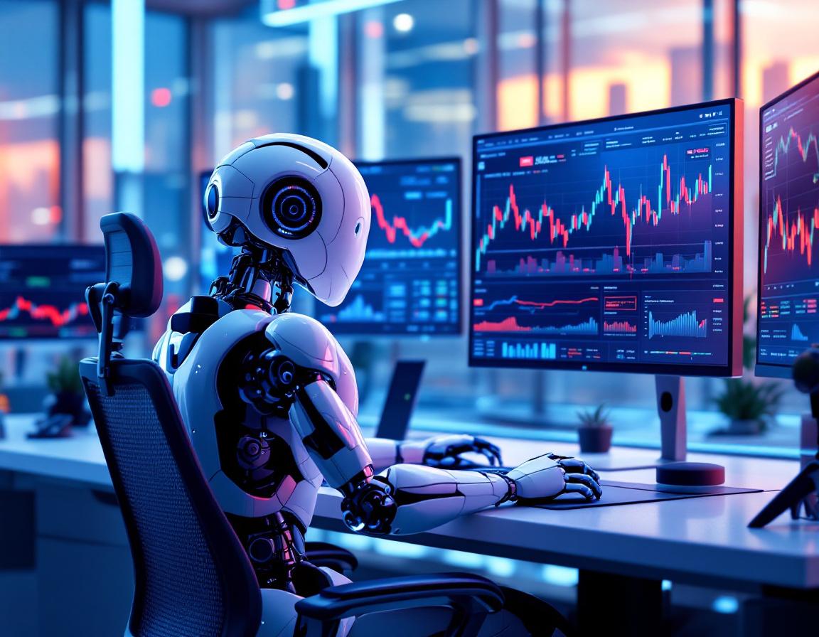 A hyper-realistic AI trading bot at a workstation, analyzing market data on multiple screens.