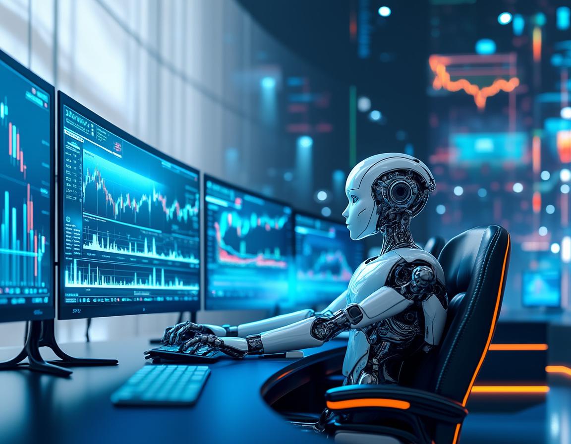 A hyper-realistic AI trading bot at a workstation, analyzing market data across multiple screens.