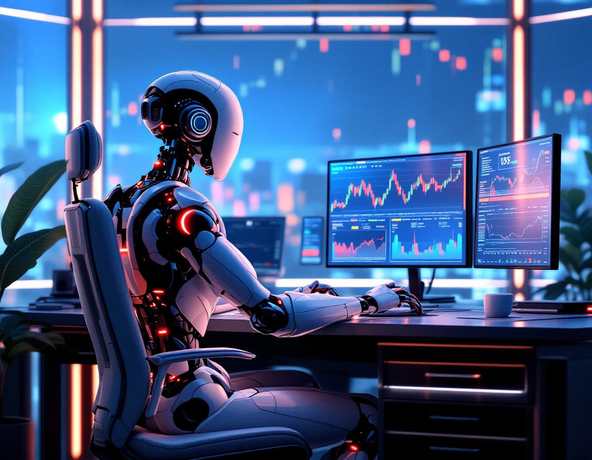 A hyper-realistic AI trading bot in a futuristic workspace analyzing crypto market data on screens.