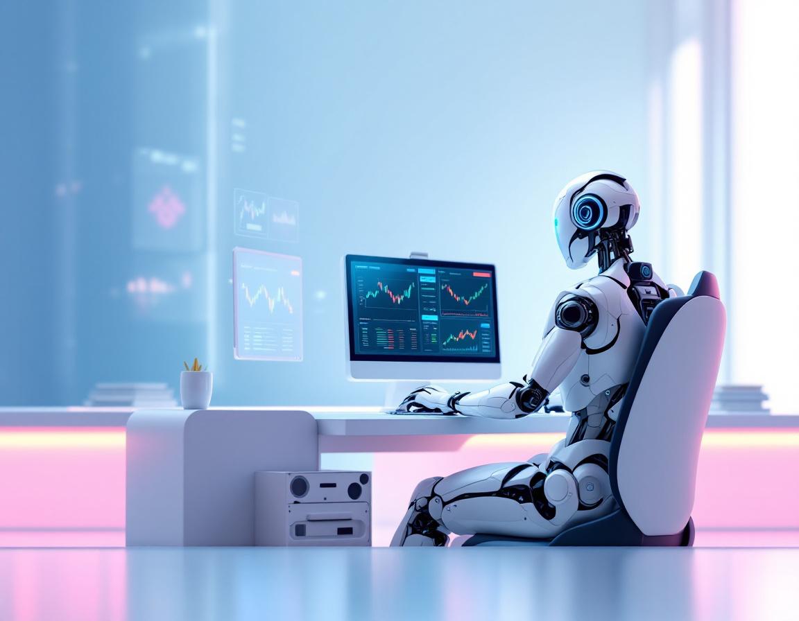 A humanoid AI trading bot at a high-tech workstation analyzes market trends on multiple screens.