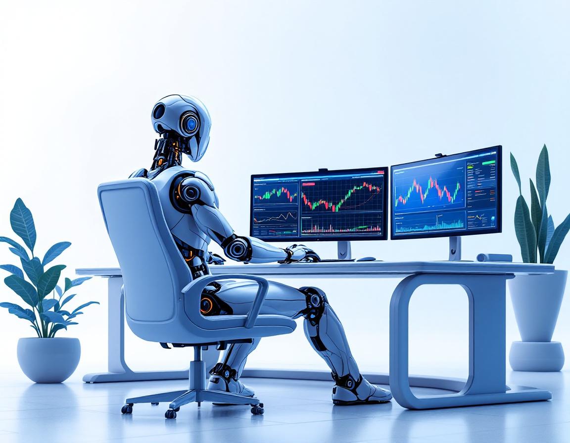 A hyper-realistic AI trading bot analyzing market data at a high-tech workstation with screens.