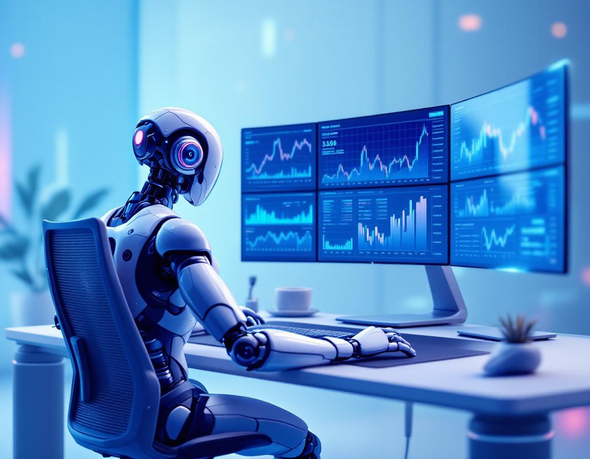 A humanoid AI trading bot analyzes market data at a high-tech workstation with multiple screens.