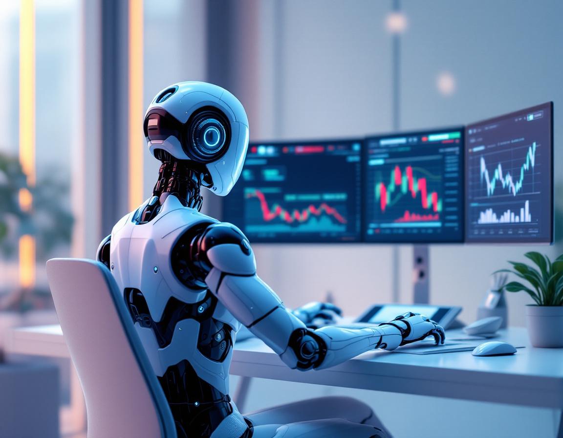 A hyper-realistic AI bot at a high-tech workstation analyzes crypto market data on multiple screens.