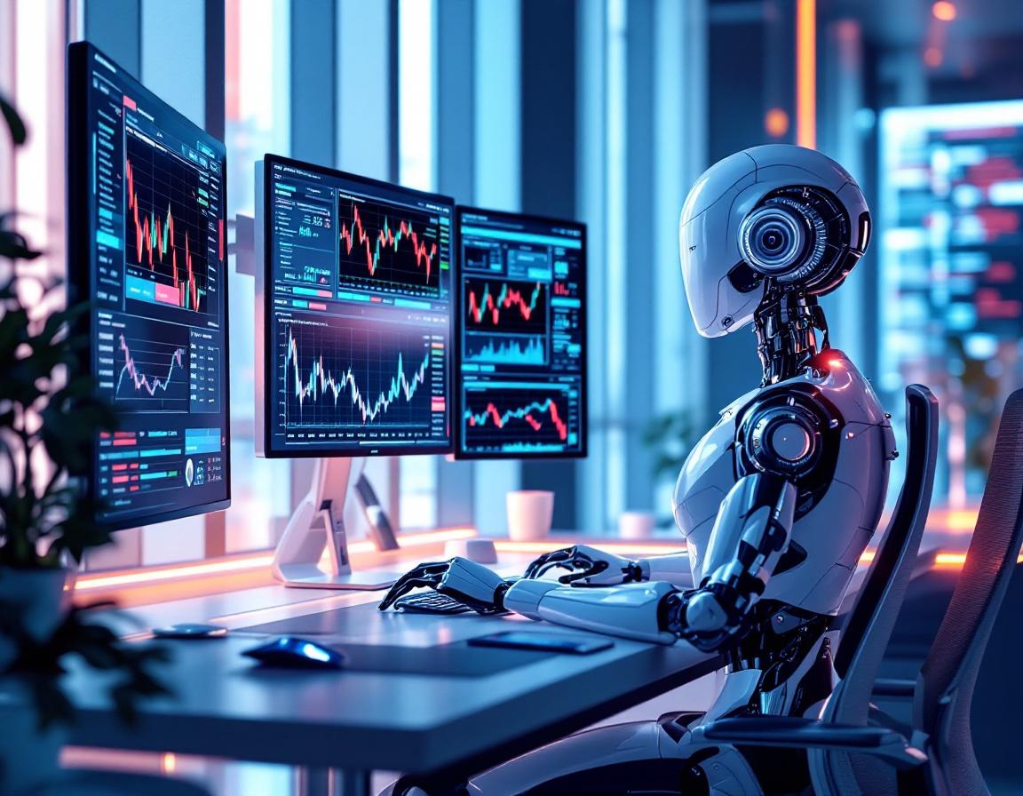 A hyper-realistic AI trading bot analyzes market data at a sleek workstation with multiple screens.