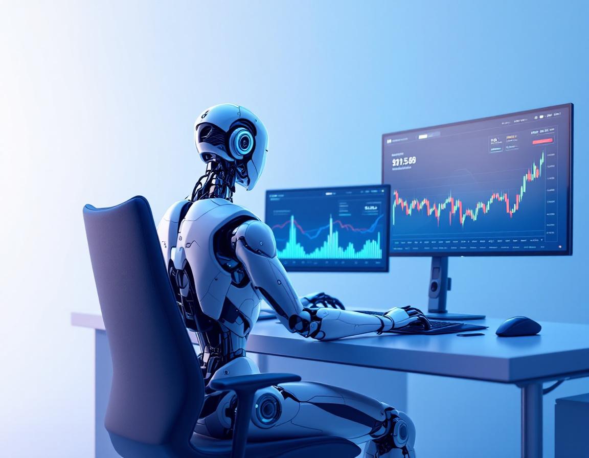 A humanoid AI trading bot at a high-tech workstation analyzes market data on multiple screens.