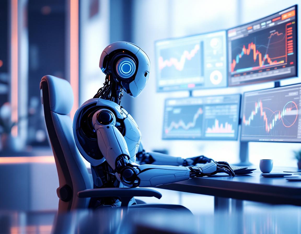 A humanoid AI trading bot analyzes market data at a high-tech workstation with multiple screens.