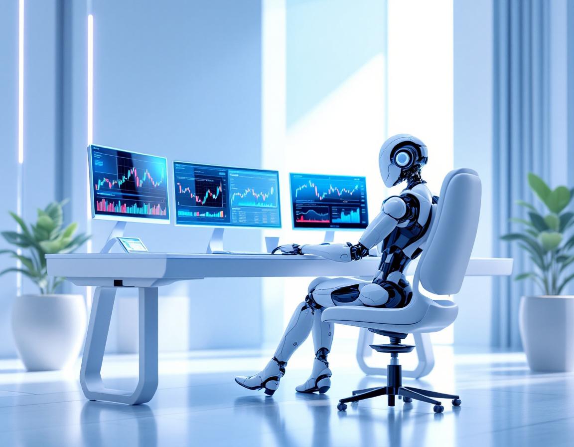 A humanoid AI trading bot at a high-tech workstation analyzing market data on multiple screens.