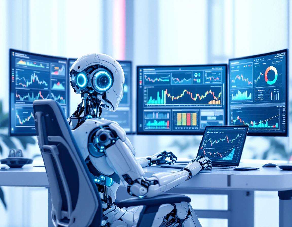 A humanoid AI trading bot works at a high-tech station, analyzing finance data on multiple screens.