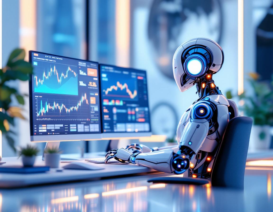 A humanoid AI trading bot analyzes market data at a futuristic workstation with multiple screens.