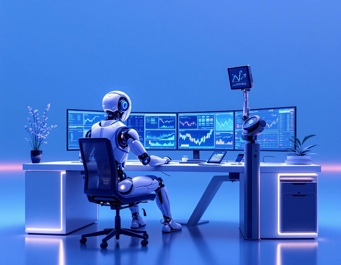 A sophisticated AI trading bot analyzing market data in a high-tech workspace with multiple screens.