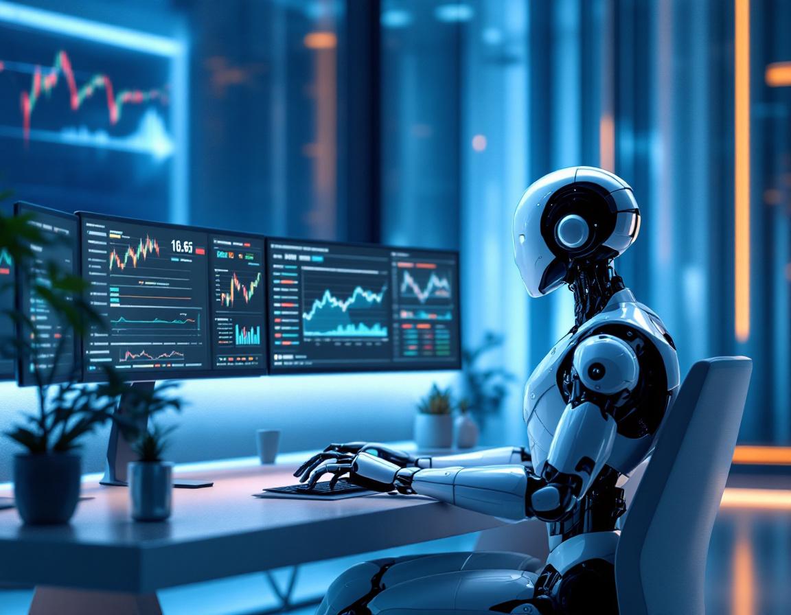 A hyper-realistic AI trading bot in a modern workstation analyzes market data on multiple screens.