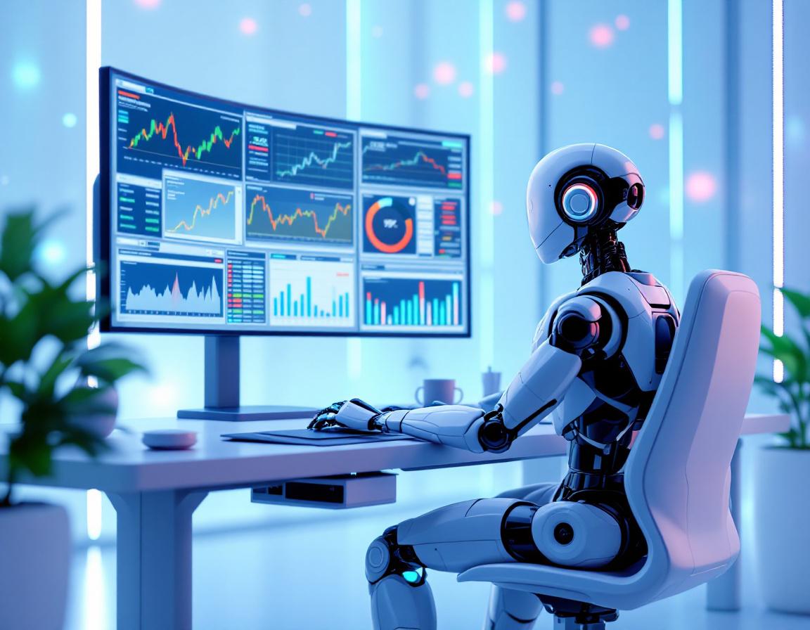 A hyper-realistic AI trading bot in a sleek workstation analyzing crypto and stock market data.