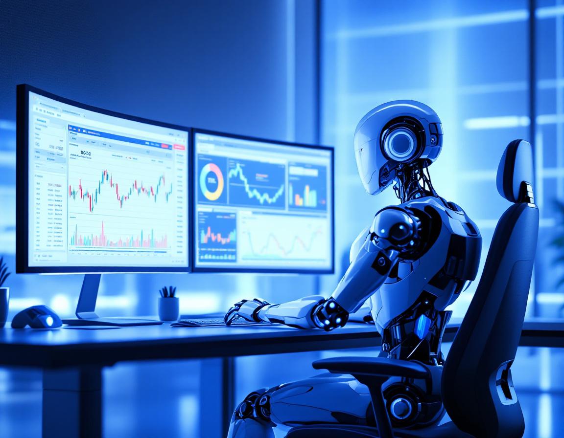 A hyper-realistic AI trading bot analyzes market data at a high-tech workstation among screens.