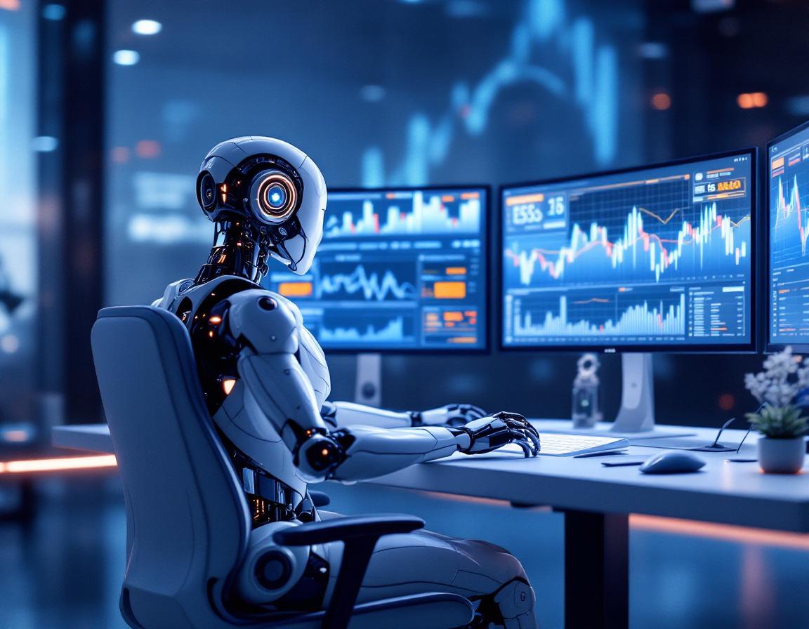 A hyper-realistic AI trading bot at a workstation analyzing market data across multiple screens.