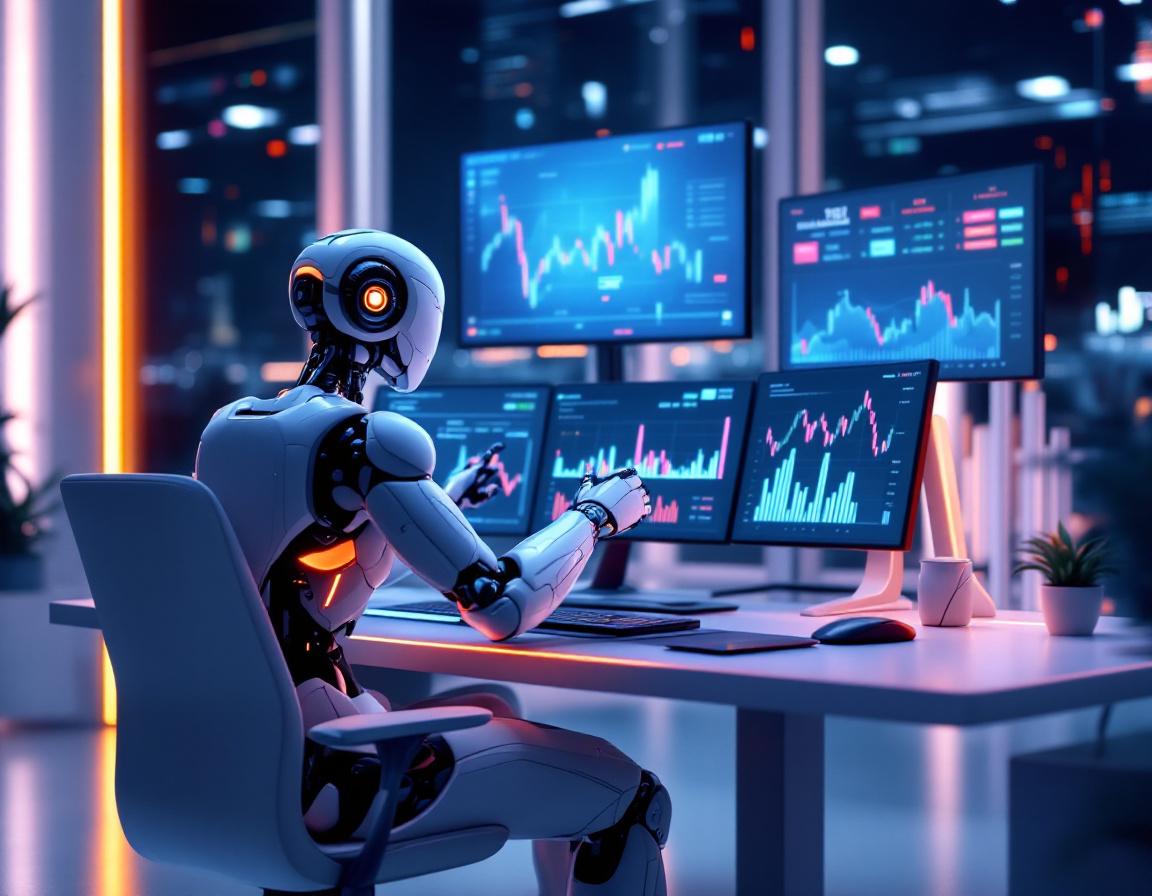 A futuristic AI trading bot analyzes market data at a high-tech workstation amidst glowing charts.