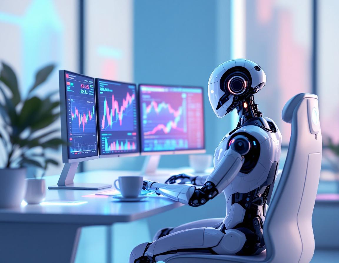 A humanoid AI trading bot at a high-tech workstation analyzing market data on multiple screens.
