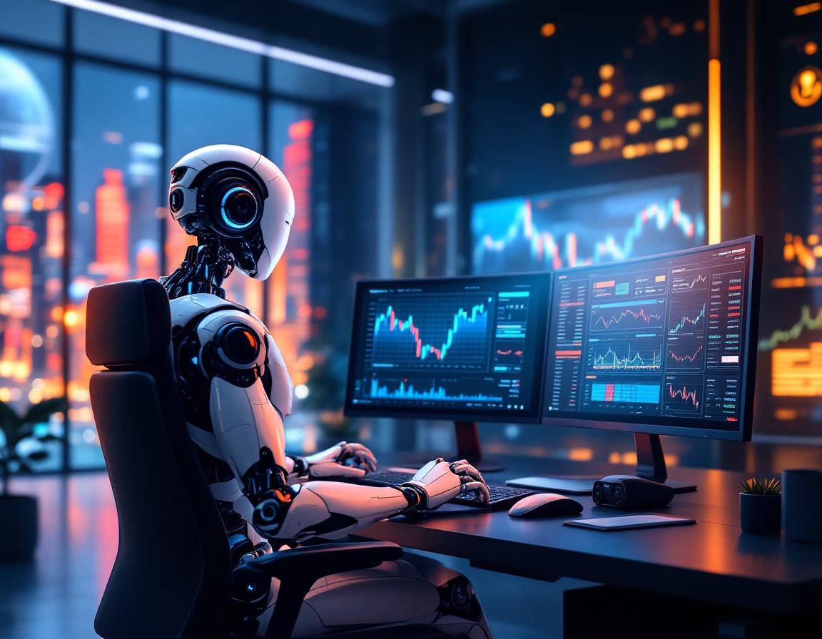 A sleek humanoid AI trading bot at a workstation analyzing market data on multiple screens in 3D.
