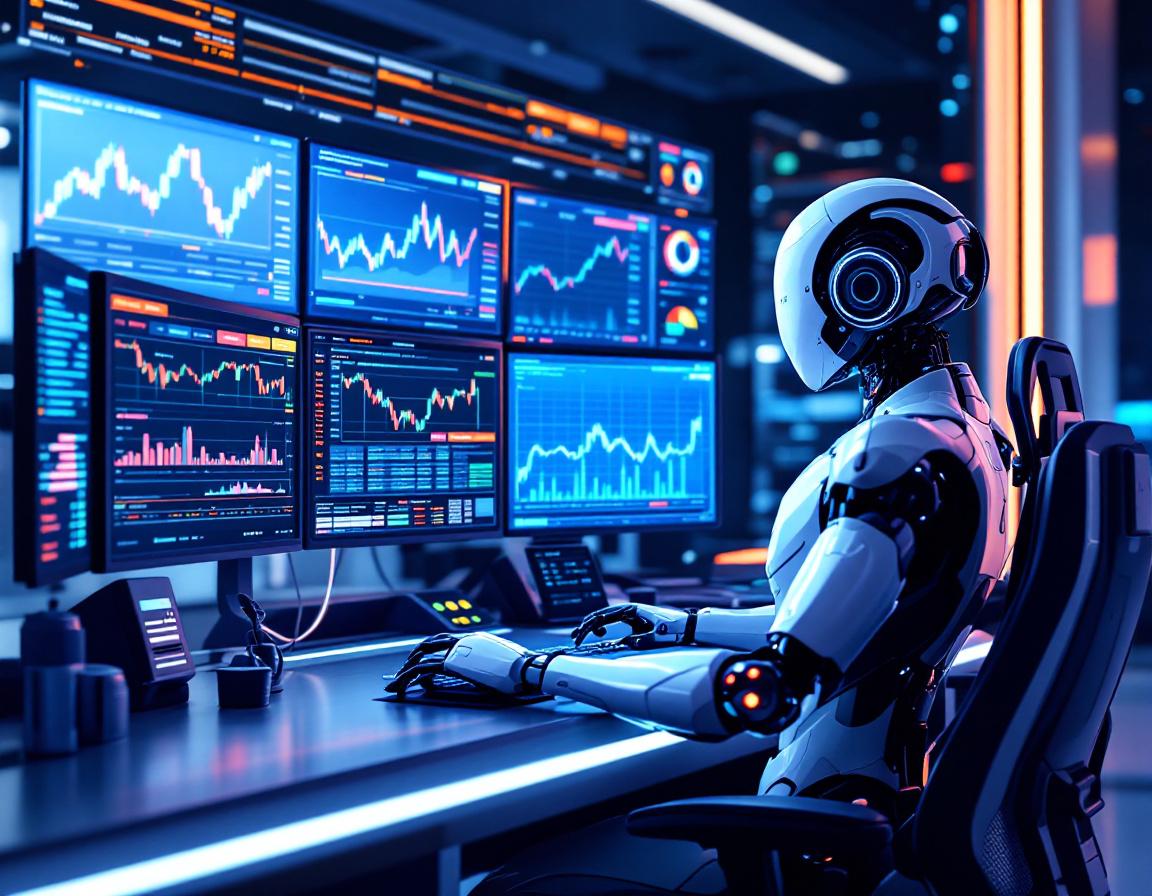 A humanoid AI trading bot at a high-tech workstation analyzes market data across multiple screens.