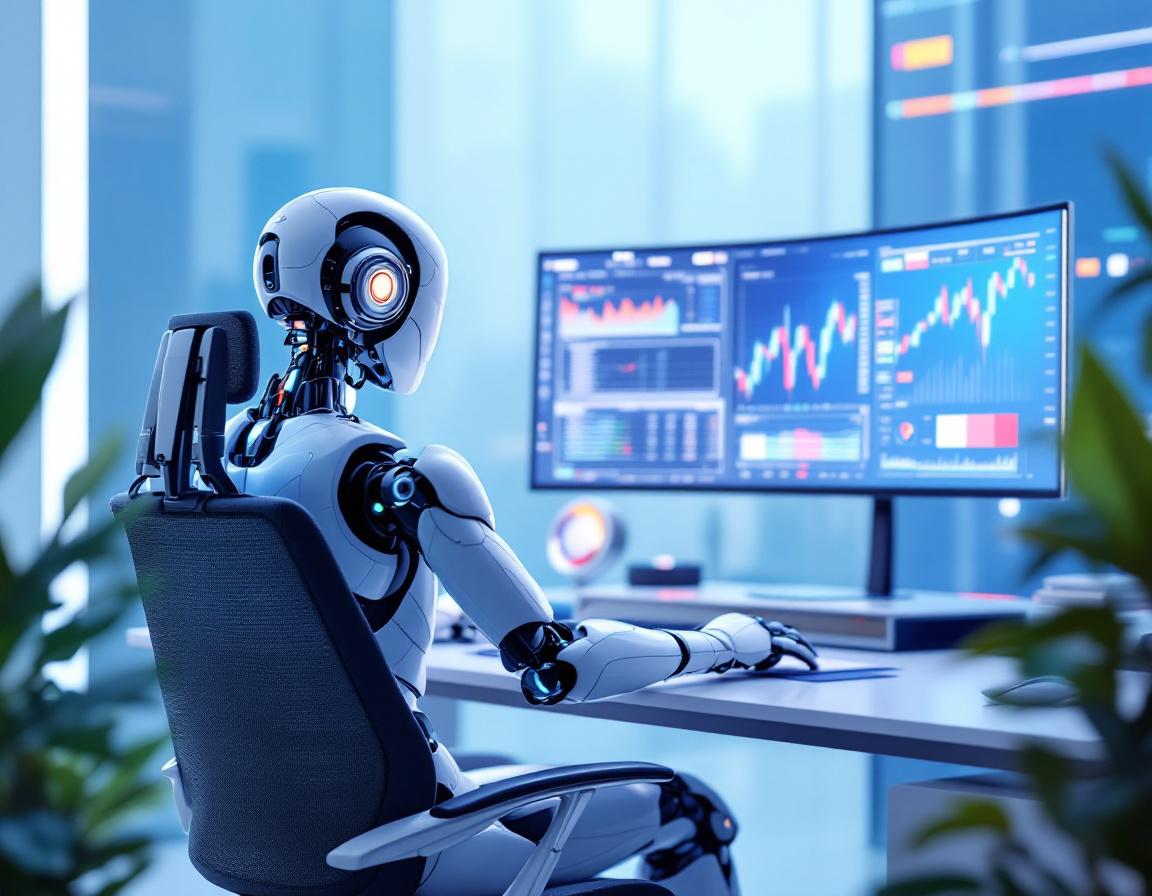 A hyper-realistic 3D AI trading bot at a workstation, analyzing market data across multiple screens.