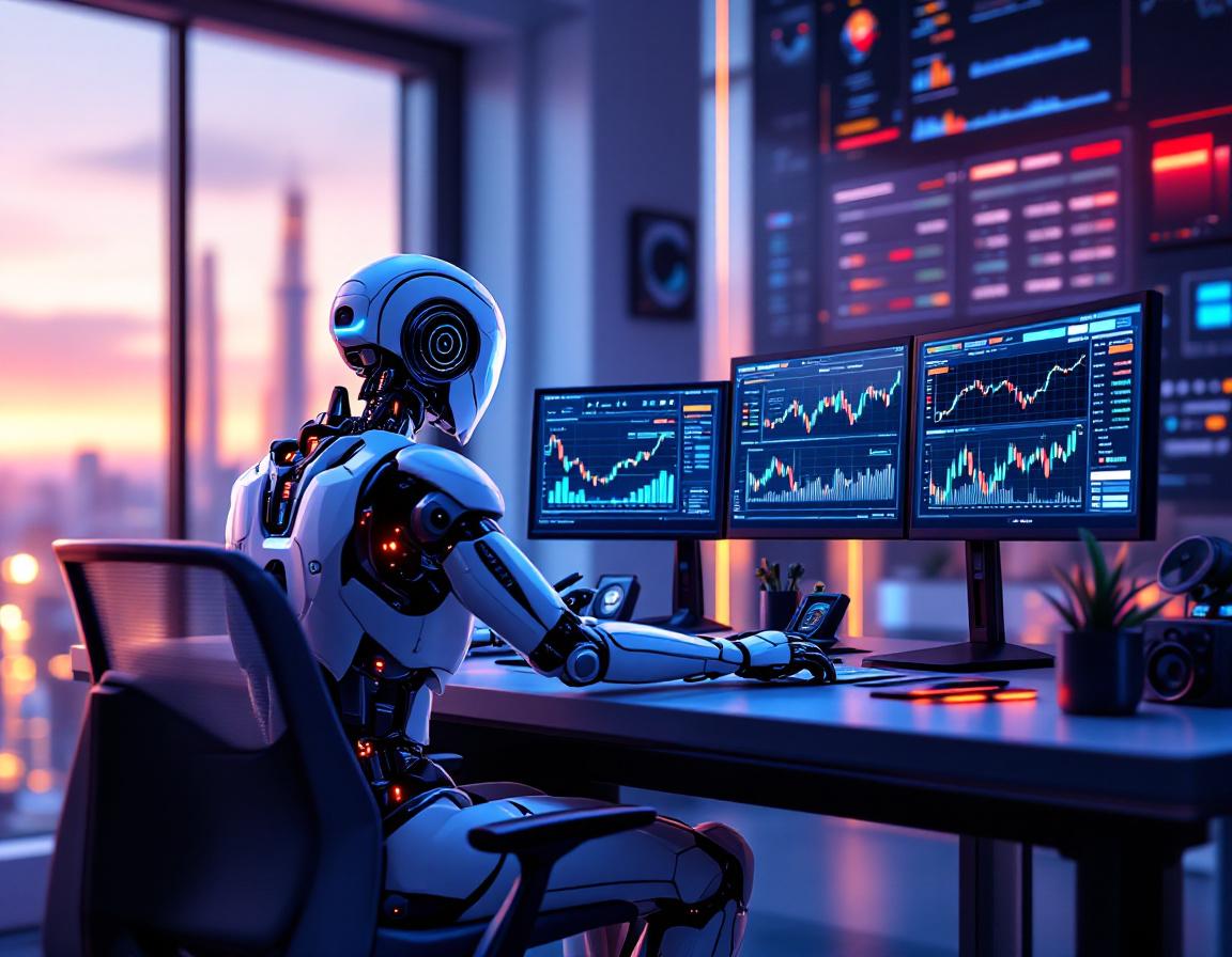 A hyper-realistic AI trading bot analyzes data at a high-tech workstation in a futuristic setting.