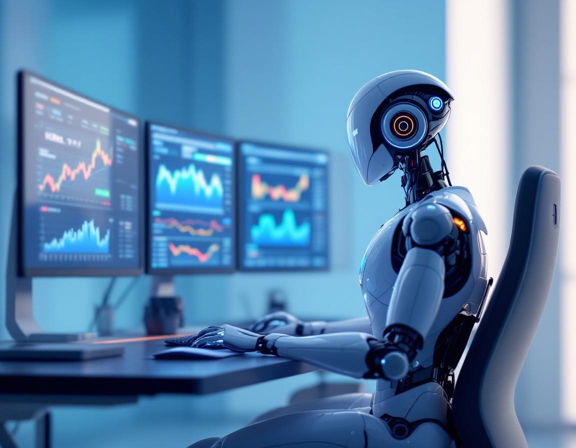 A hyper-realistic AI trading bot analyzing market data on multiple screens in a futuristic setting.