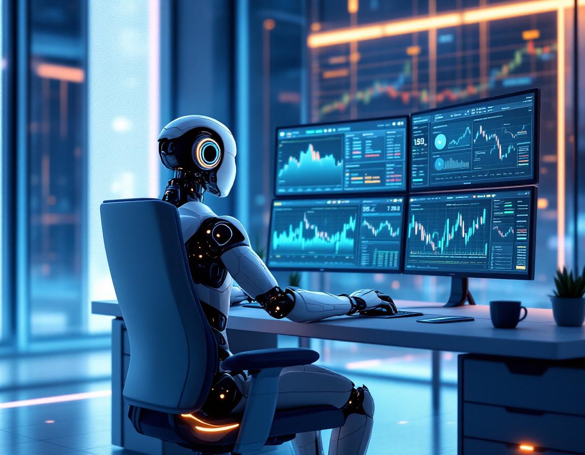 A hyper-realistic AI trading bot at a futuristic workstation analyzing crypto and stock market data.