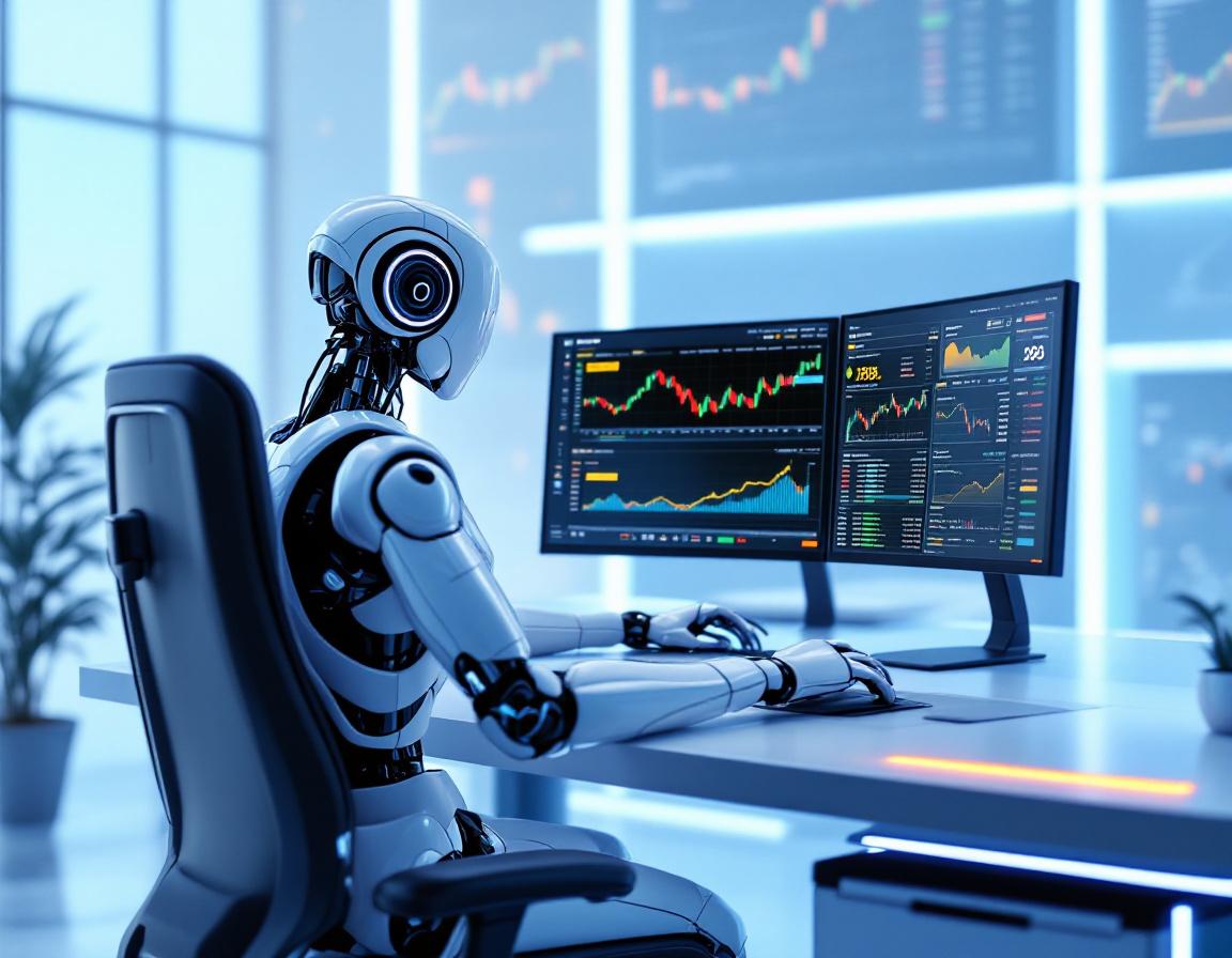 A hyper-realistic AI trading bot at a sleek workstation, analyzing market data on multiple screens.