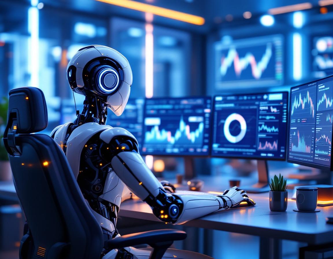 A hyper-realistic AI trading bot at a high-tech workstation analyzing crypto and stock market data.