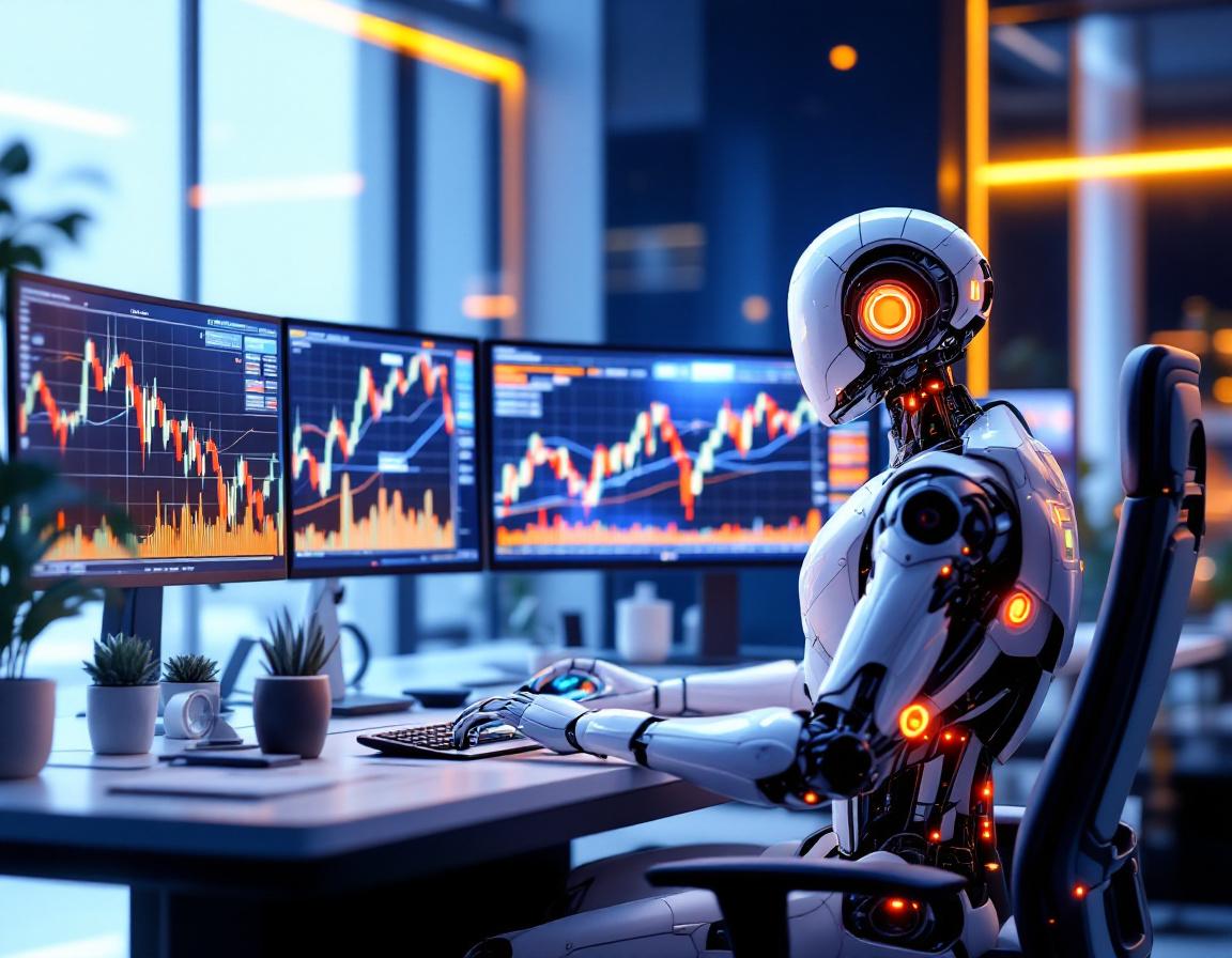 A futuristic AI trading bot analyzes data at a sleek workstation surrounded by glowing screens.
