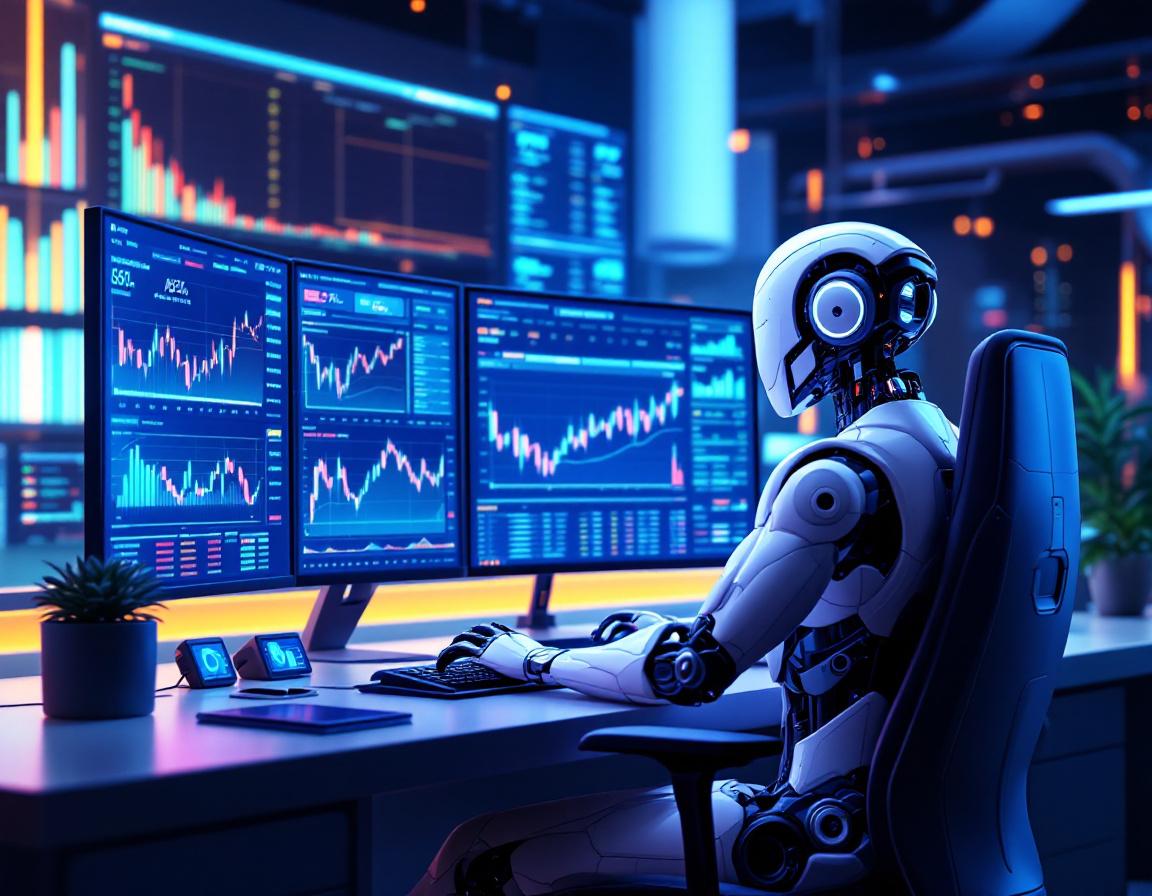 A hyper-realistic AI trading bot analyzes market data in a futuristic financial trading environment.