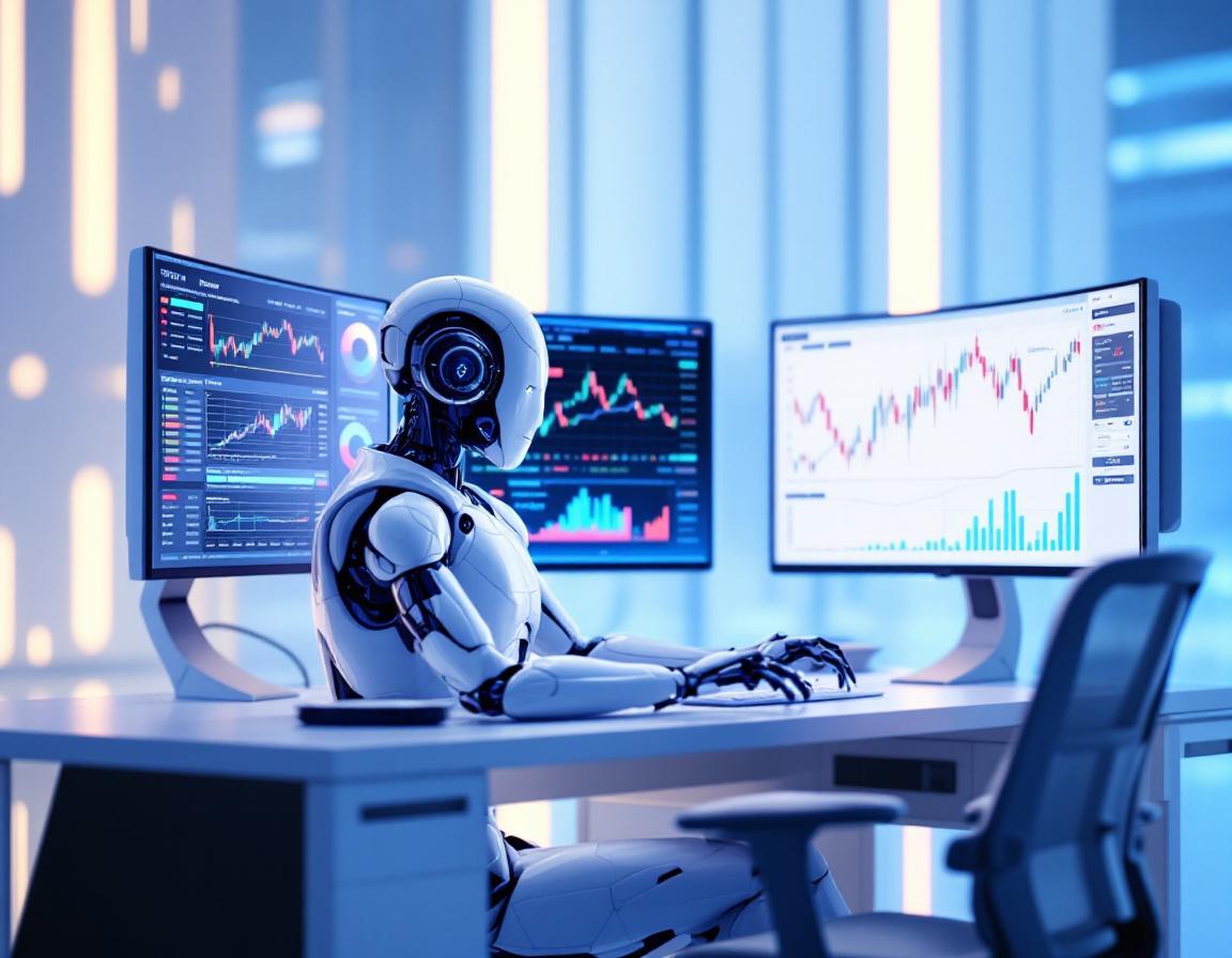 A humanoid AI trading bot at a high-tech workstation analyzing market data on multiple screens.