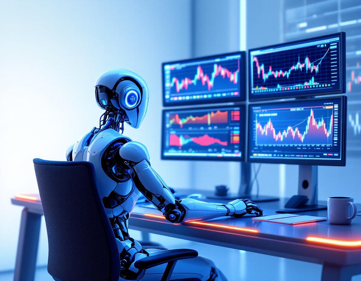 A hyper-realistic AI trading bot at a workstation analyzing market data with glowing screens.