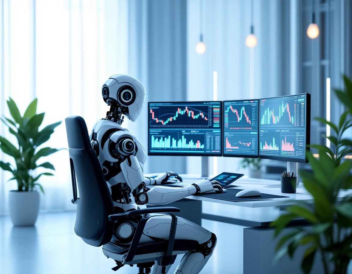 A humanoid AI trading bot operates in a high-tech workspace, analyzing crypto and stock market data.