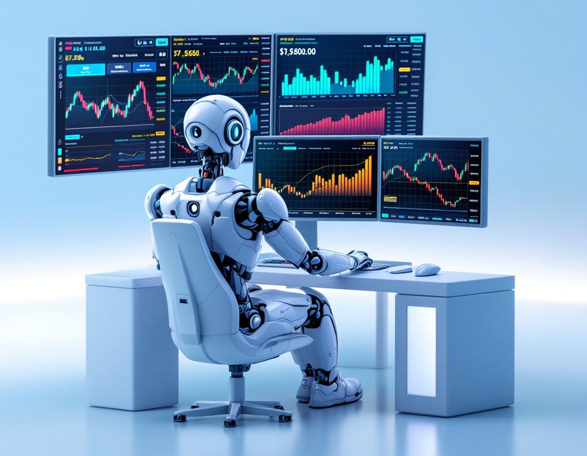 A hyper-realistic AI trading bot at a workstation analyzing market data on multiple screens, in 3D.