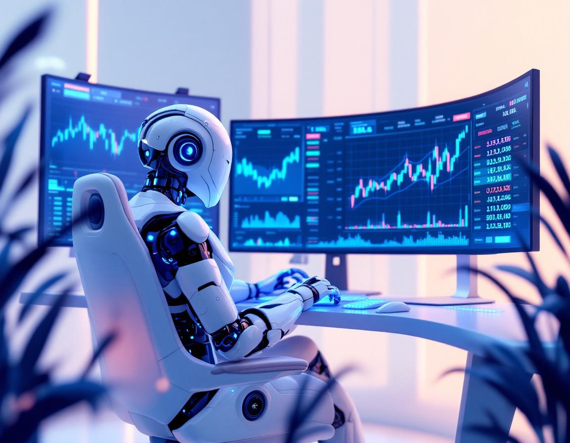 A hyper-realistic AI trading bot at a workstation analyzing market data on multiple screens.