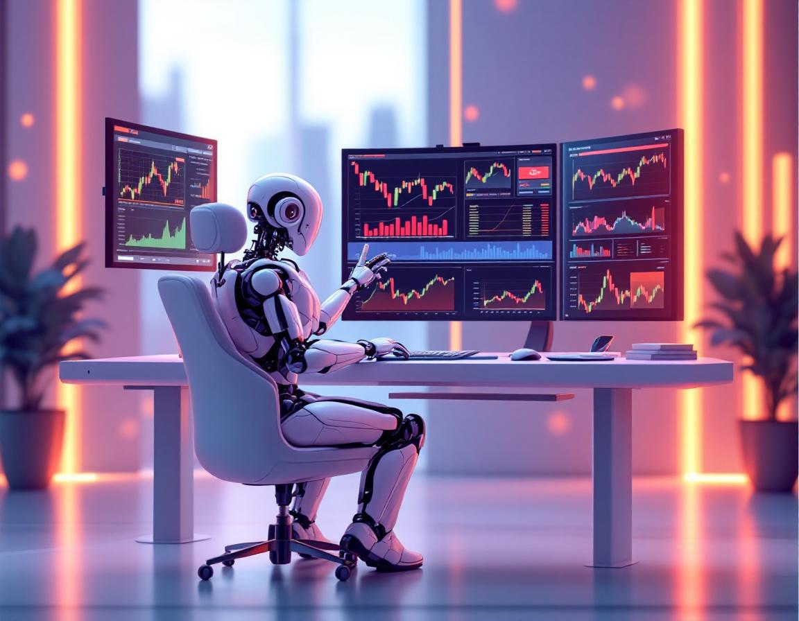 A humanoid AI trading bot in a high-tech environment analyzing market data on multiple screens.