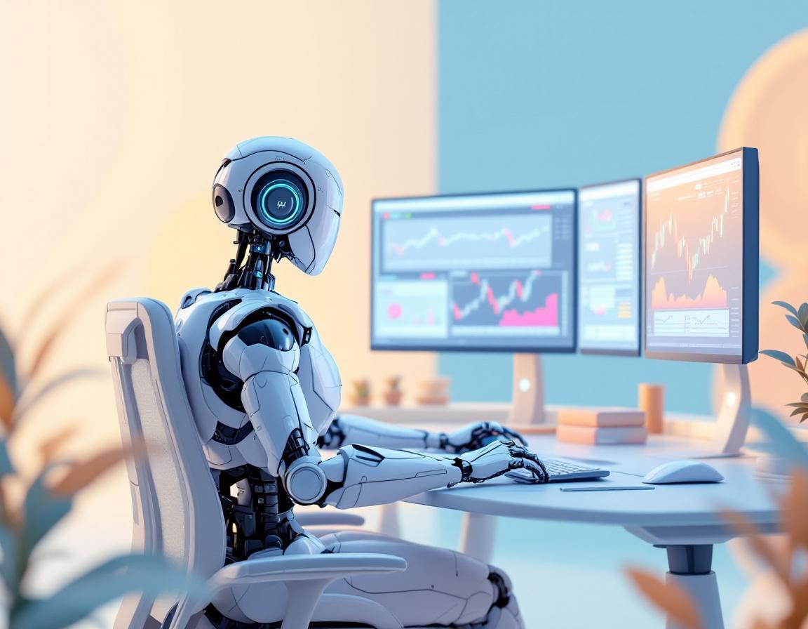 A hyper-realistic AI trading bot at a sleek workstation, analyzing crypto data on multiple screens.