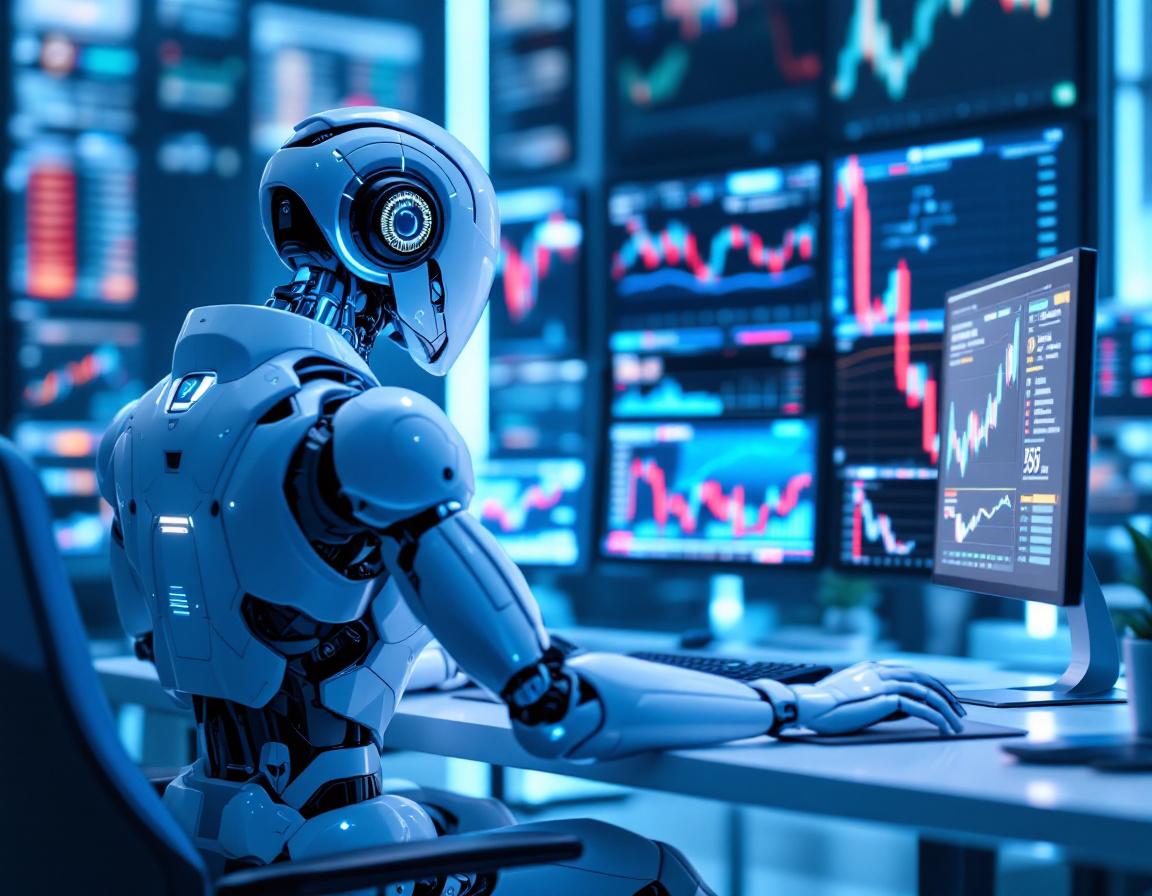 A hyper-realistic AI trading bot operates at a high-tech workstation, analyzing crypto market data.
