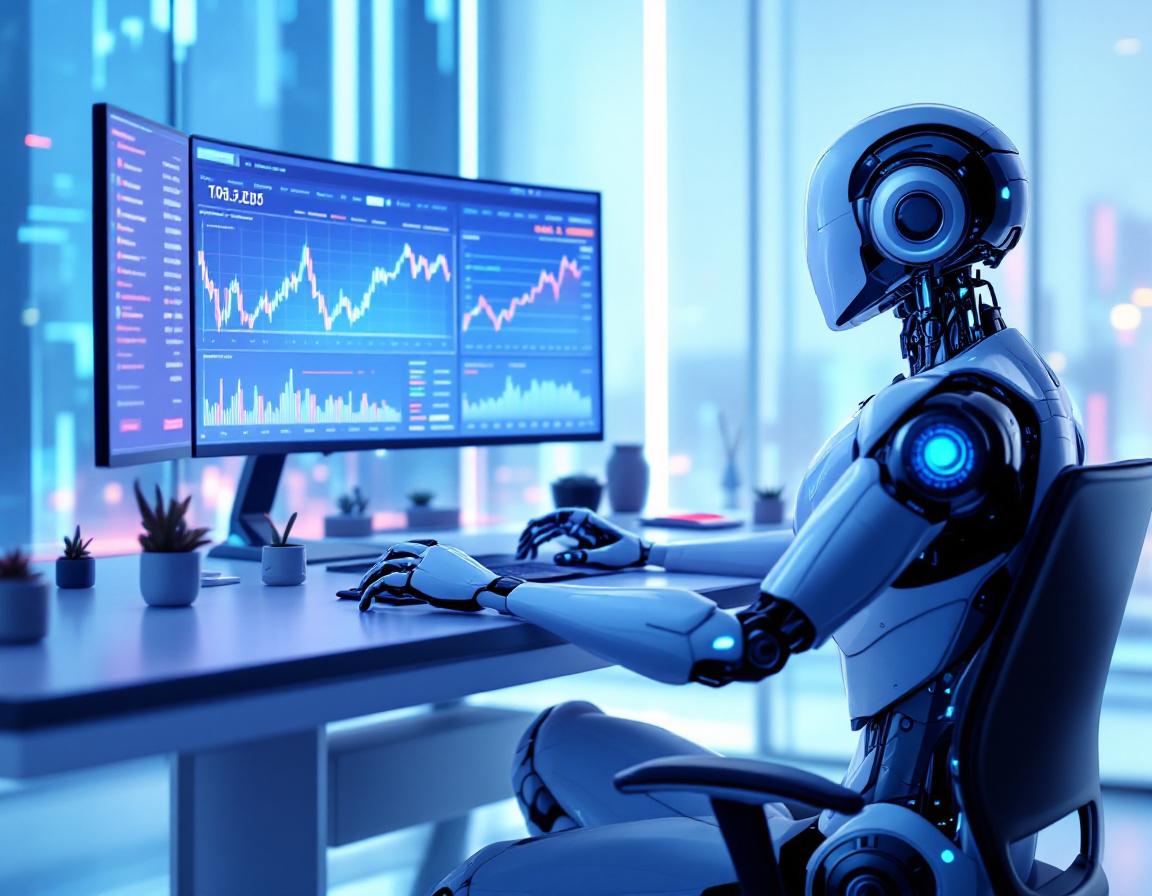A sleek humanoid AI trading bot at a workstation, analyzing market data on multiple digital screens.